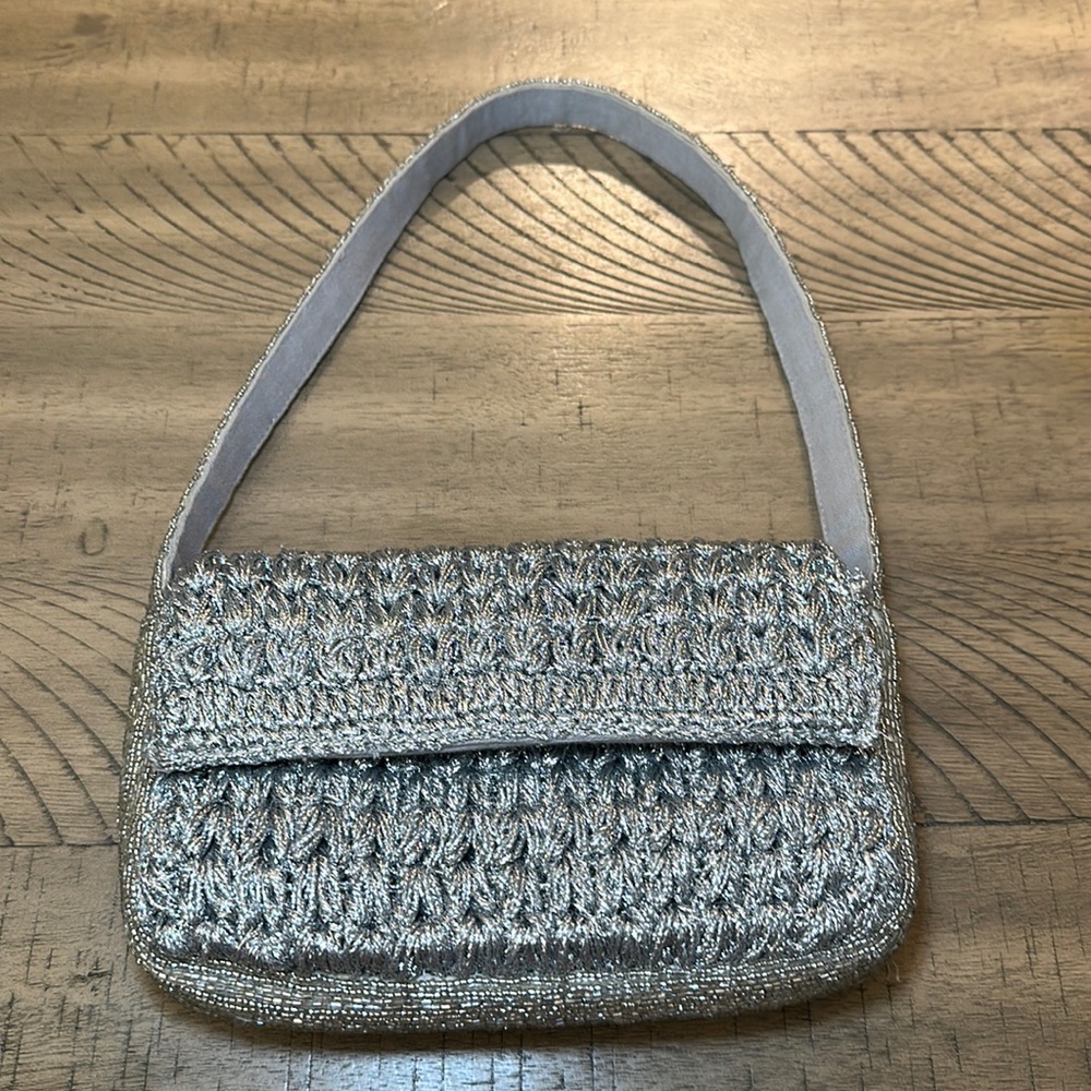 Silver beaded shoulder bag Anthropologie metallic